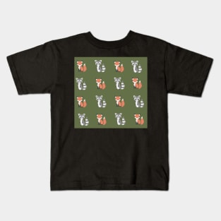 Green Raccoon and fox print pattern Kids T-Shirt